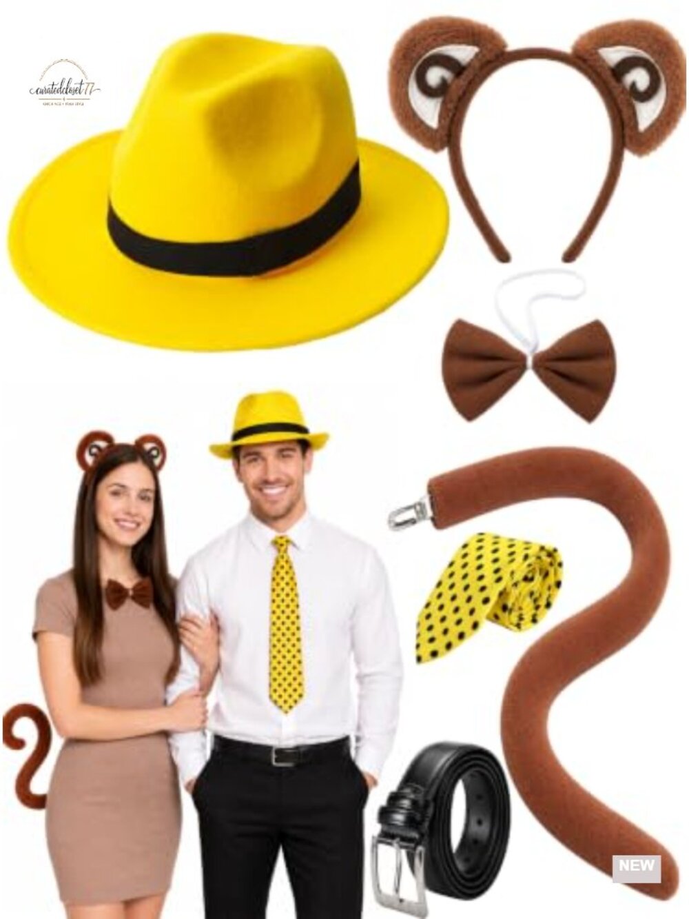 Halloween Couples Costume Set: Felt Top Hat, Monkey Ears, Bow Tie, PU Leather
